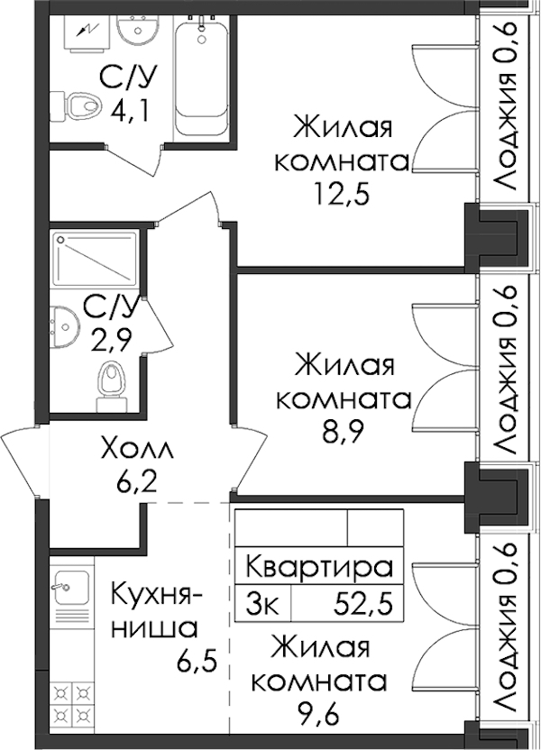 2-комнатная квартира 52.5 м², 9/9 эт., ЖК «Лермонтовский 54»